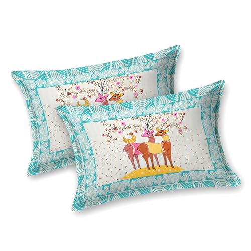 Image of Rajasthani Jaipuri Sanganeri Printed 144 TC 100% Cotton Bed Sheet Set for Double Bed,Deer Pattern, Double Bedsheet Cotton with 2 Pillow Covers