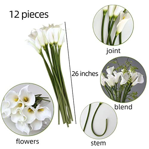 Grtefhu 12 Piece 26" Calla Lily Artificial Flowers,Real Touch Long Stem Faux Calla Lillies For Tall Vases,Indoor Wedding Office Home Decor (White) #TOP3