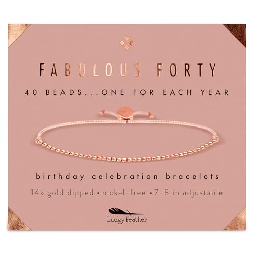Lucky Feather 40th Birthday Gifts Women | Cute 14k Gold Dipped Beads Bracelet | Fabulous Forty Milestone Bracelet | 40th Birthday Bracelets For Women | Adjustable 7