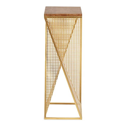 Kate And Laurel Elita Mid-Century Modern Industrial Wood And Metal Pedestal End Table For Storage And Display, 10X10X30, Rustic Brown/Gold #TOP5