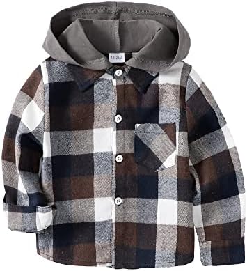 Toddler Boy Girls Clothes Plaid Long Sleeve Shirt Boys Collared Hooded Flannel Shirt Top Fall Jacket Outfits Yellow 2T 3T Button Down Shirt