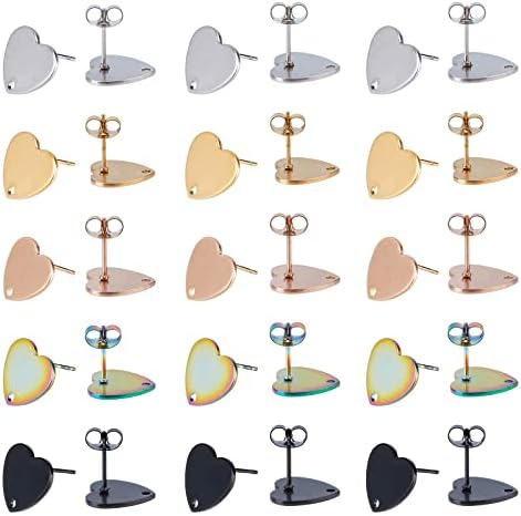 UNICRAFTALE 30pcs 5 Colors Heart Pattern Stud Earrings Stainless Steel Earrings with Ear Nuts 0.8mm Pin Ear Studs for Dangle Earring Jewelry Making