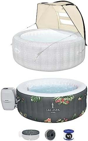 Bestway SaluSpa Sun Shade Canopy Bundled with Aruba SaluSpa Inflatable Outdoor Hot Tub with 110 Soothing AirJets and Insulated Cover