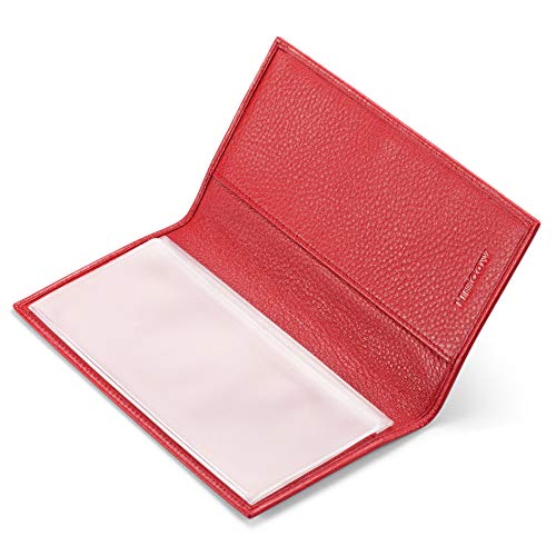 Image of HISCOW Slim Leather Checkbook Cover for Personal Checks, Pebbled Red, One Size | Full grain cowhide, transaction register & check book pockets, removable duplicate divider, durable stitching, gifts for men
