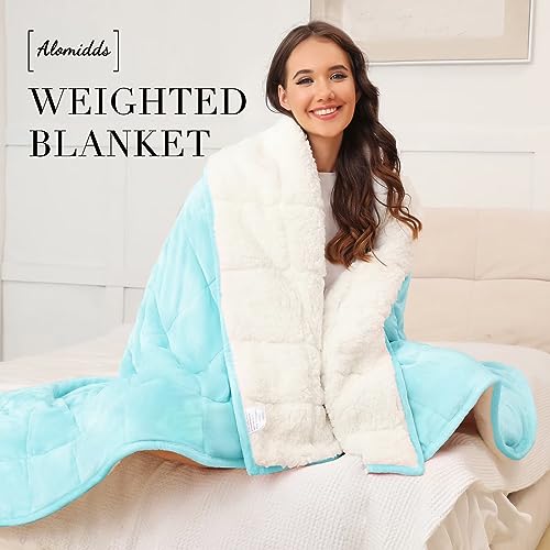 Image of Alomidds Weighted Blanket for Adults, 12lb Twin Size Weighted Blankets,Heavy Blanket with Shiny Soft Shiny Fleece and Cozy Warm Sherpa for Couch Bed, 48 x 72 inches,Aque