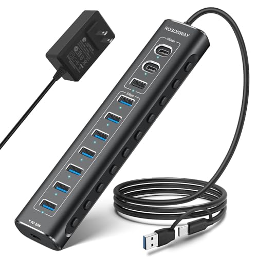 ROSONWAY USB ハブ10Gbps 11ポート 20W PDx1 USB C 3.2x2 USB A 3.2x1 USB 3.0x7 2 in 1 ケーブル 付き アルミ製 USB HUB セルフパワーとバスパワー両用 12V 5A 電源 独立スイッチ付き(RSH-A11PD)