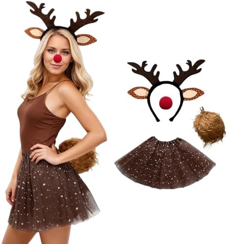 Deguisement Renne Femme 4 Pièces,Cerceau Bandeau Renne,Déguisement Animaux,Jupe Tutu,Chaussettes En Coton Marron,Élan Face Tatouage Autocollant,Costume De Renne Pour Noël Halloween Carnaval Cosplay