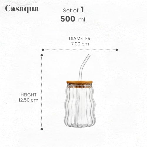 Image of Creative Glass Cups with Lids and Straw - 500ml,Set of 1, Wave Shape Cute Drinking Tumblers Ribbed Cups Vintage Ripple Glassware for Cocktail Juice Iced Coffee Tea Soda Milk