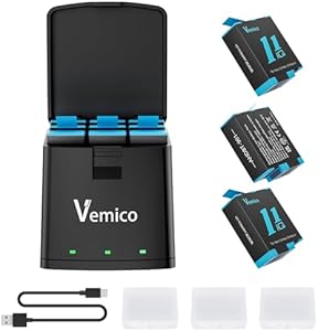 Vemico Hero 11 Batería Cargador Kit 3 Pack 1800mAh Hero10 Baterías Tipo C LED 3-Canales Cargador AHDBT-901 para Hero 12 Black/Hero 11 Black/Hero 10 Black/Hero 9 Black