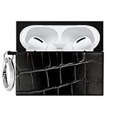 Picture of Flaunt Official Square Crocodile Faux Leather AirPods Pro Case w/Silver Ring - Compatible w/AirPods Pro 2nd/1st Generation - Wireless Charging - Lightweight & Shockproof - Black