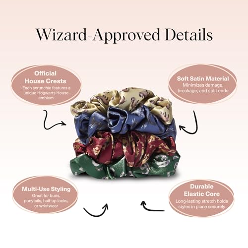 Image of Harry Potter x Kitsch Satin Scrunchies - Softer Than Silk, Damage Free Hair Ties for Girls and Women, Featuring All House Crests- Hair Accessories for All Hair Types | Ideal Gifts for Women - Set of 4