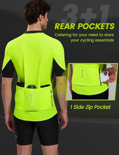 Nepest Cycling Bike Jersey for Men Short Sleeve Reflective Bicycle Shirts 4 Rear Pockets Half Zip Road Tops Neon Green/Black XL - Thumbnail 2