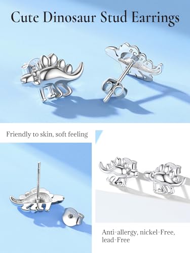 SILVERCUTE Creative Silver Stud Earrings 925 Sterling Silver Cute Dinosaur Earrings for Women Men
