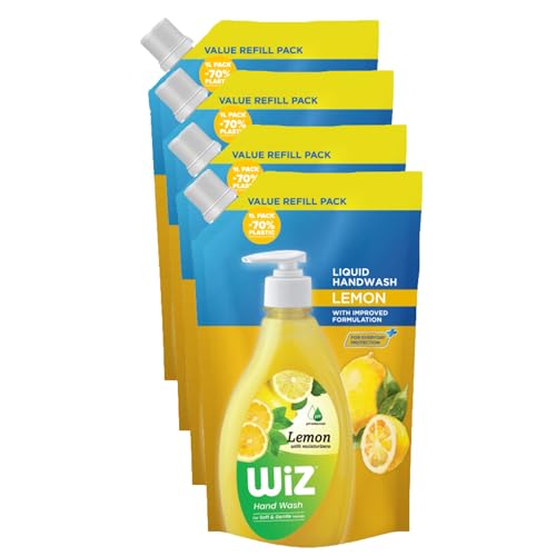 Image of Wiz Lemon Hand Wash Refill Pouch - 1L (Pack of 4) | pH Balanced | 70% Less Plastic | Zesty Lemon Freshness | Germ Protection | Gentle & Moisturizing Formula