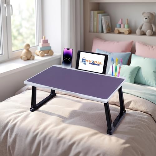 Image of Portable Laptop Table for Study & Writing | Foldable Bed Table with White Bidding Finish | Scratch Resistant Wooden Top | Heavy Duty Rust-Free Legs | Multipurpose Study Desk with Drawer (Purple)