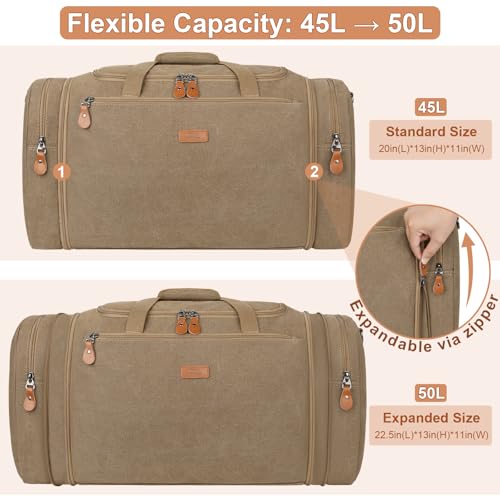 Image of Canvas Mens Duffle Bag for Travel - Expandable 50L Weekender Bags with Toiletry Bag, Overnight Bag Travel Duffel Carry On Luggage with Removable Shoulder Strap, Durable & Water-Resistant