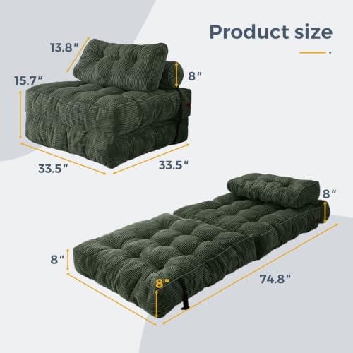 Image of MAXYOYO Folding Sofa Bed, Convertible Chair Bed with Pillow | Foldable Couch with Back Support, Portable Fold Out Chair Comfy Floor Sofa for Living Room Bedroom, Dark Green, Single