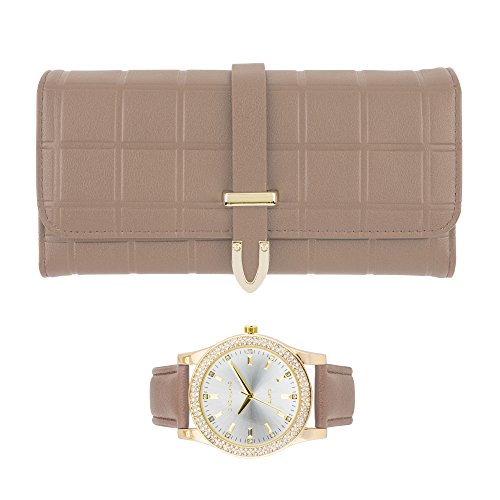 Gino Milano Women's Gold Leather Band Watch & Matching Tri-Fold Wallet Set - Brown