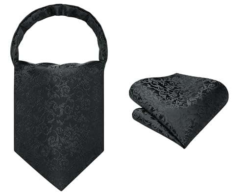 Image of HISDERN Ascot Ties for Men Paisley Floral Ascot and Pocket Square Set Classic Self Tie Mens Cravat Handkerchief for Wedding