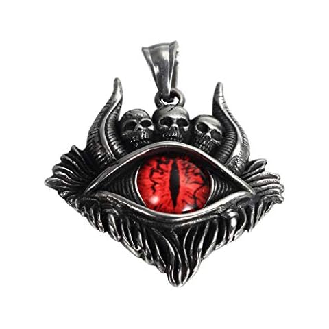 PAMTIER Men's Stainless Steel Hip Hop Vintage Bloody Red Evil Eye Gothic Demon Skull Head Oxhorn Pendant Necklace No Chain Cover