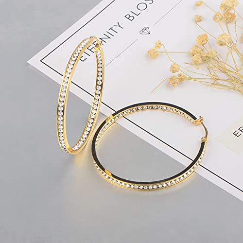 Large Gold Stainless Steel Hoop Earrings For Women, Big Cubic Zirconia Hoops Earring Arskro Hypoallergenic Huge Rhinestone Crystal Basketball 50Mm 2 Inch Ear Ring Jewelry Gifts For Women Girls Sensitive Ears 2" #TOP4