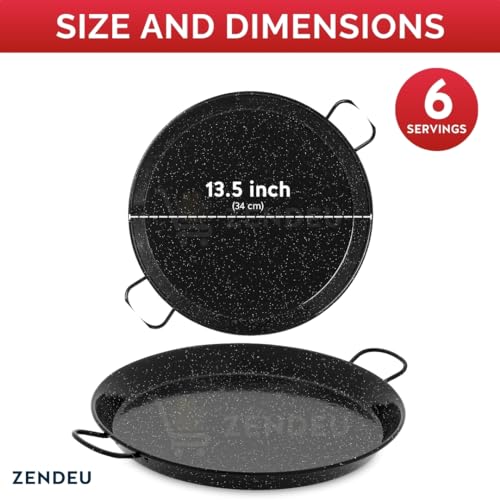 ZENDEU Paella Pan from Spain – Authentic Enameled Carbon Steel Paella Pan, Large 13.5 inch (34 cm) | Traditional Paellera Made in Spain – Durable Enameled Paella Pans for 6 Servings