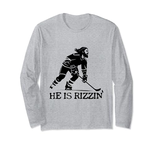 He Is Rizzin' Jesus Jugador de Hockey Stick Christian Holy Puck Manga Larga