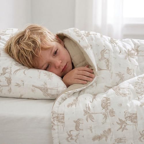 Image of MakeMake Organics Organic Baby Comforter GOTS Certified Organic Kids Blanket Cotton Infill Tufted - Reversible Ultra Soft Breathable Boys Girls (30 inchx40 inch, Safari + Solid Oat)