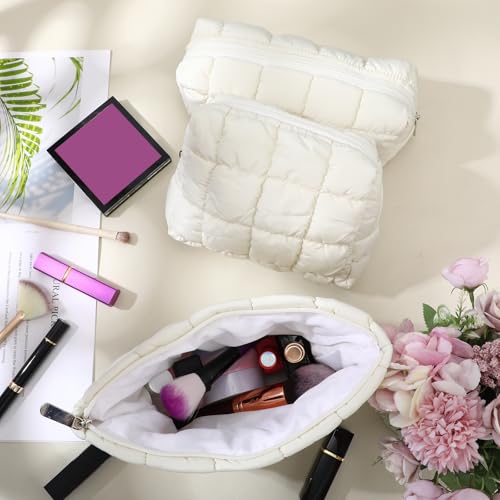 Huhumy 3 Pcs Puffy Makeup Bag Quilted Makeup Bag Cute Checkered Cosmetic Bag for Women Travel Toiletry Bag Puffer Makeup Pouch Puffy Purse Pouch Preppy Makeup Organizer Pencil Case with Zipper(White) - Thumbnail 5