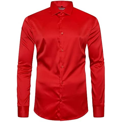 Dominic Stefano Mens Satin Shiny Silk - Feel Smart Casual Dress - Affordable & Comfortable - Easy to Iron Best for Wedding Business & Evening Party Shirts (3XL, Red) Cover