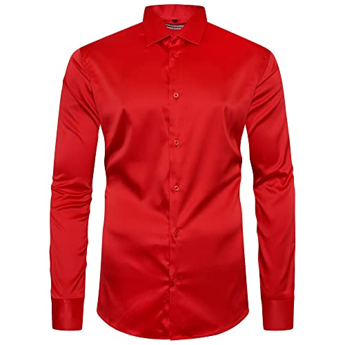 Dominic Stefano Mens Satin Shiny Silk Feel Smart Casual Dress Wedding Casual Shirt 422 (Medium, Red) Cover