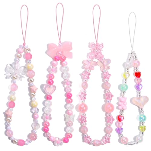 TINKRSTUFF 4 PCS Cute Phone Charms Aesthetic Y2K Cellphone Wrist Strap Bedazzling Bear Bow Butterfly Heart Star Flower Accessories Pink Beaded Anti-Theft Chain String for Bag Keychain Airpods Decor