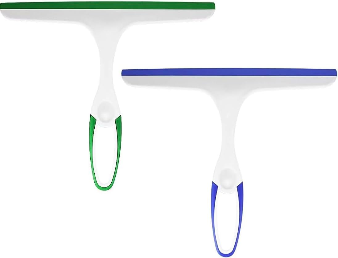 BANSHAN window wiper, shower wiper, glass cleaning rubber blade, plastic cleaning wiper mirror, bathroom, window, floor, glass, 2 pieces (blue, green)