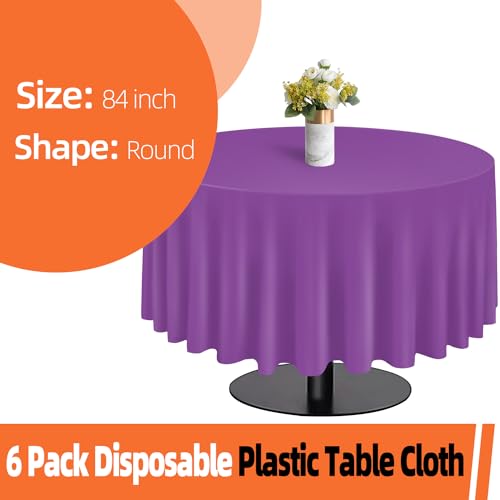 Image of Purple 6 Pack Plastic Table Cloth 84 inch, Disposable Round Tablecloth Table Cover, Plastic Tablecloths for Parties