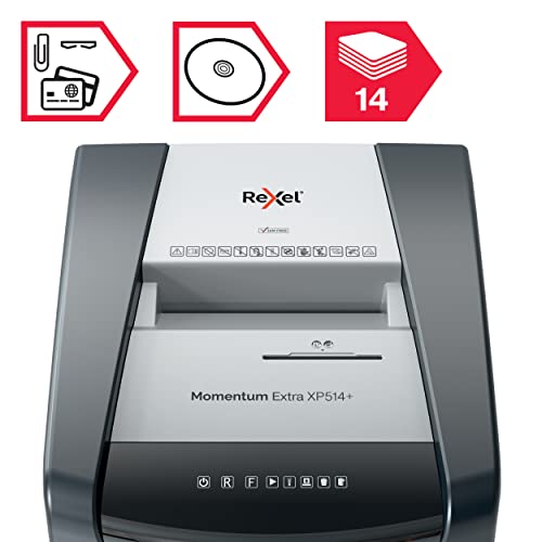 Rexel, Niszczarka do Papieru Rexel Momentum Extra XP514+, do Biura, Tnie na Mikrościnki do 14 kartek (80 gsm), P-5, Pojemnik 60L, Technologia Zapobiegania Zacięciom, Kolor Czarny (2021514MEU)