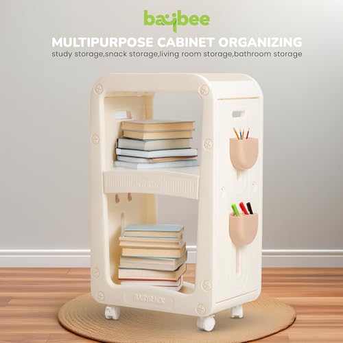 Image of BAYBEE Kids Book Shelf Rack for Home Small Bookshelf for Babies, Toy Storage Organiser for Kids Room, Baby Storage Rack for Kitchen, Bathroom, Living Room, Storage Wagon Cabinet 360 Rotating Wheels