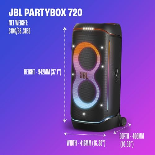 Image of JBL PartyBox 720 - Loudest Battery-Powered Party Speaker with Superior Pro Sound and a Futuristic lightshow, Up to 15 Hours Playtime & IPX4 Splash Proof (Black)