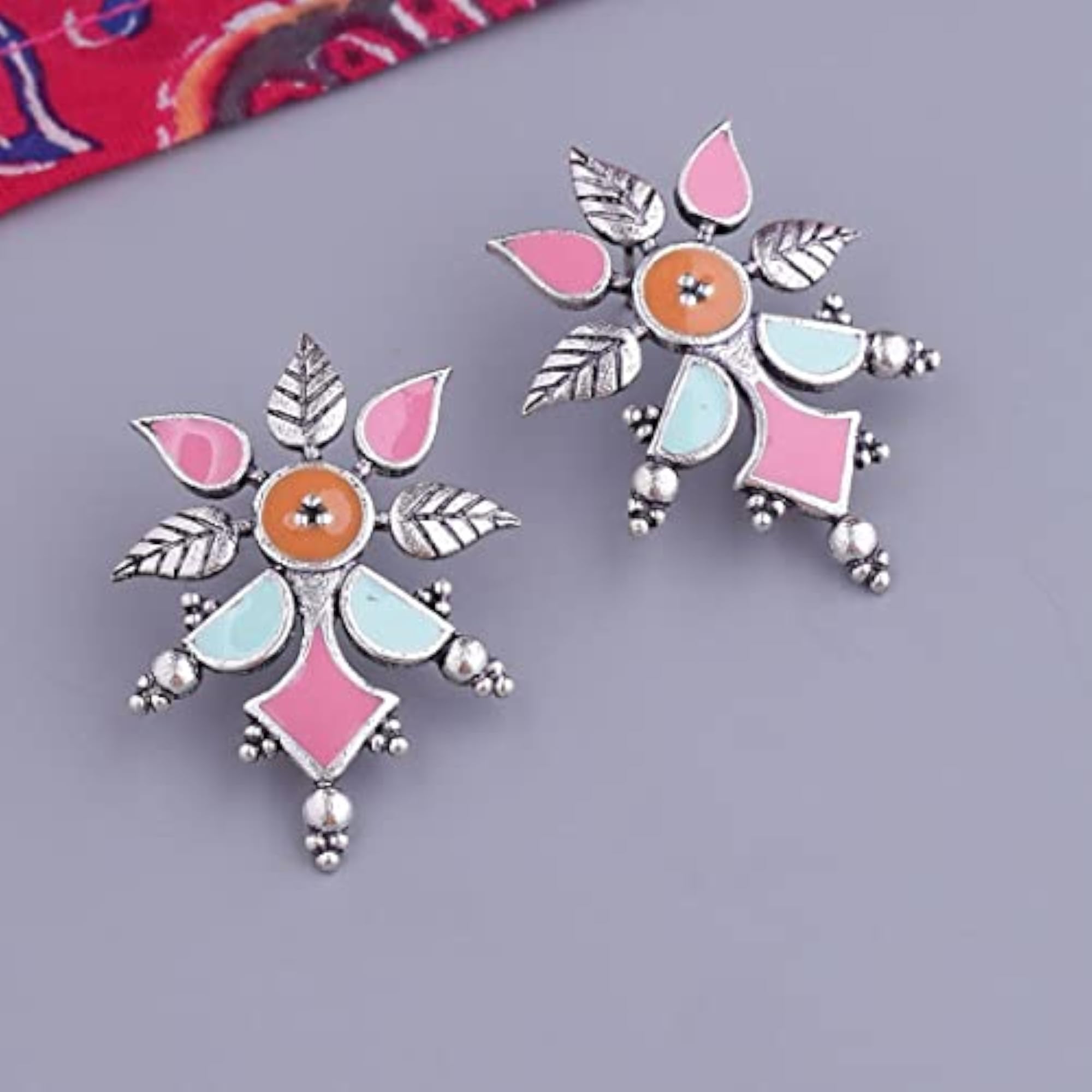 Brass Oxidised Plated Enamel Floral Dangle Earrings