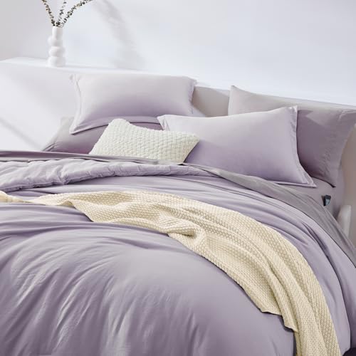 Image of Queen Comforter Set-7 Pieces Soft Prewashed Bed in a Bag Queen Bedding Sets | All Season Comforter with Sheets, Pillow Shams & Pillowcases,Lilac