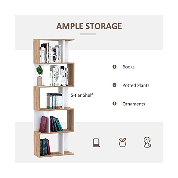 HOMCOM 5-tier Bookcase Storage Display Shelving S Shape design Unit Divider White - Image 5