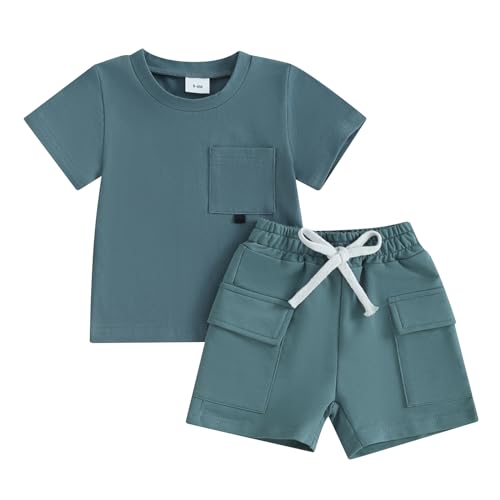 Image of Sprifallbaby Baby Boy Clothes Set Infant Toddler Summer Outfit Short Sleeve Solid Color T-shirt Tops Pocket Shorts Set