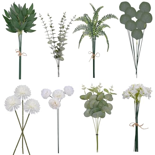 Gerbala 55 Pezzi Fiore Artificiale, 8 Tipi Bouquet di Fiori Artificiali, Pianta Artificiale da Interno, Rami Decorativi, Foglie Finte per Decorazioni per Casa, Matrimonio, Ufficio, Esterno, Interno