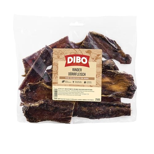DIBO Rinder-Dörrfleisch, 250g-Beutel, Naturkau-Snack oder Leckerli für Zwischendurch, Hundefutter, Qualitätskauartikel ohne Chemie von DIBO