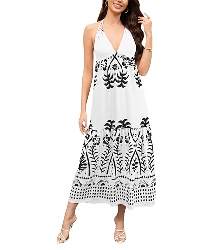 Image of Women's Floral Dress Summer Backless Maxi Dresses Boho Deep V Halter Neck A line Dresses