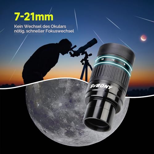 Svbony SV135 Teleskop Okulare Zoom, 1.25 Zoll 7-21mm Zoomokular mit FMC Green Film, Teleskopzubehör Planetenokular Anfänger für Planet Mond Astronomische Beobachtung