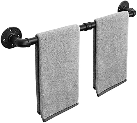 Livabber Industrial Pipe Towel Bar, Rustic Iron Decor Bathroom Hardware Towel Bar Accessory, Heavy Duty Wall Mounted Bath Towel Rack Holder, Black (24 Inch)