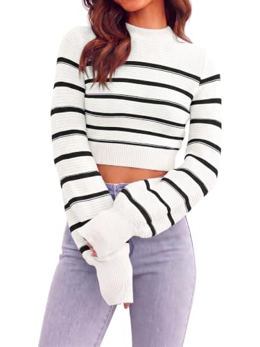 Image of Womens Sexy Crew Neck Cropped Sweaters Knit Long Sleeve Crop Tops Pullover | Ribbed Knit, Long Sleeve, Crop Tops, Pullover,Crew Neck