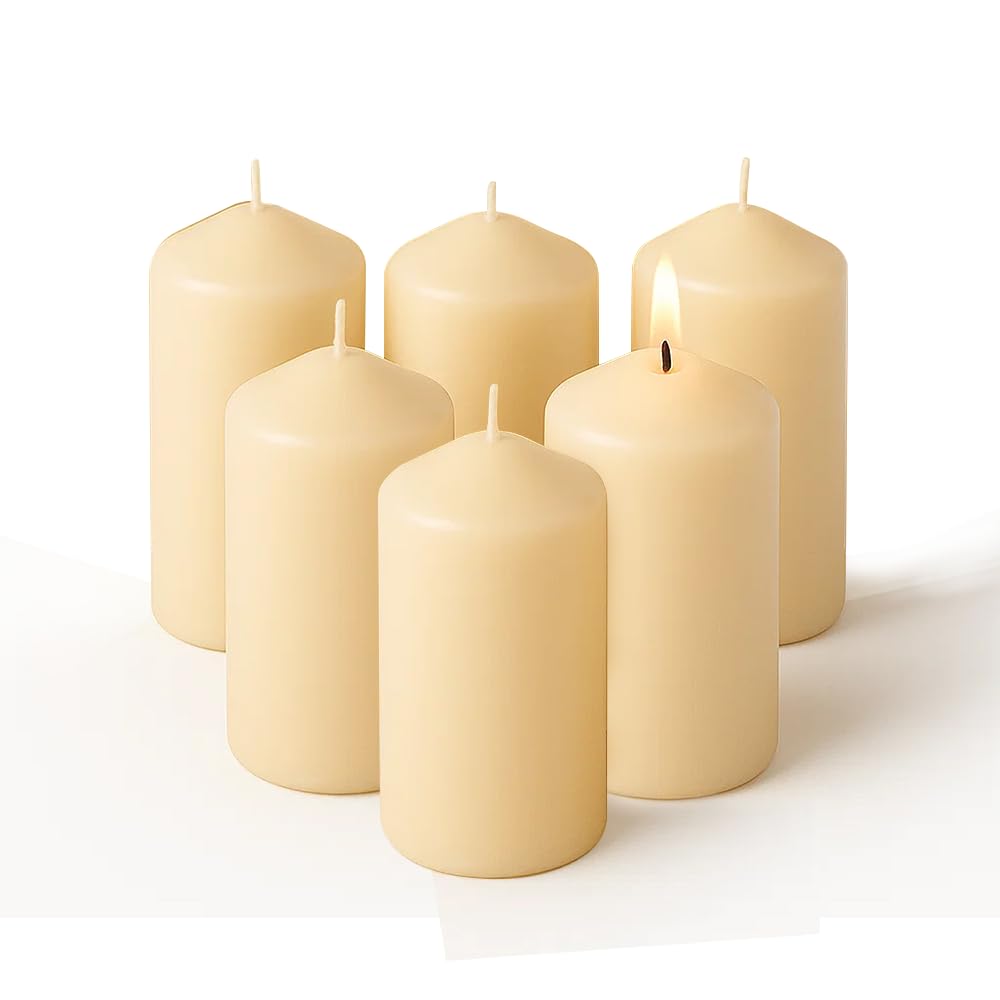Concept4u 6 x Cream Pillar Candles 60 x 115mm Upto 24 Hour Burn Time Long Lasting Unscented Pure Paraffin Wax Candles Ideal for Candlelight Dinner Parties Home Decor โ image 1