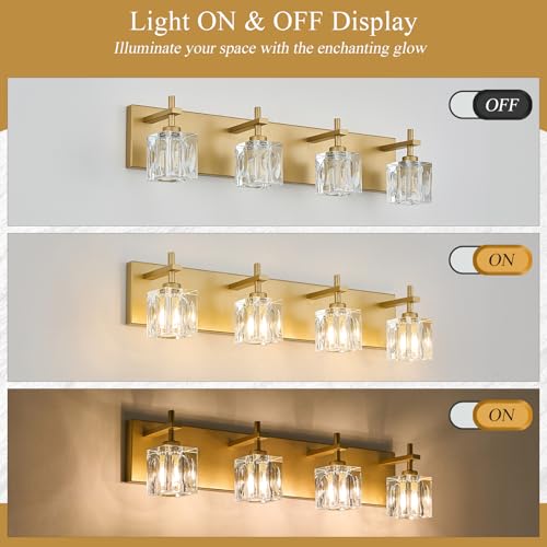 Image of VitaLink 24-Inch Vanity Light Gold Crystal Bathroom Vanity Light Over Mirror 4-Light Wide Backplate Modern Wall Light for Bathroom Living Room