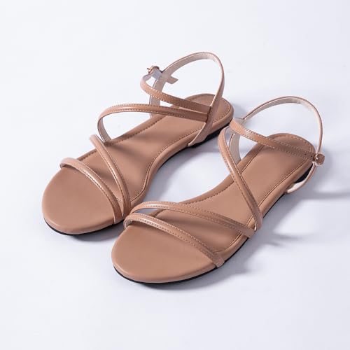 Image of Mtzyoa Women Flat Sandals Dressy Strappy Gladiator Summer Ankle Strap Nude Open Toe Comfortable Wedding Casual Leather Ladies Party Trendy Vacation